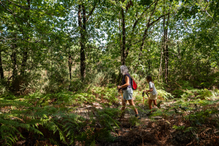 une maman et sa fille sur le sentier d'interprétation Le Porge